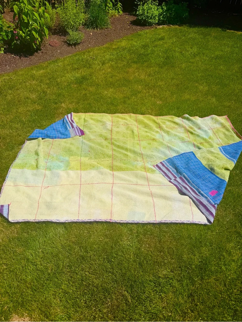 Handwoven Blue and Lime Kantha Throw with Pink Patches